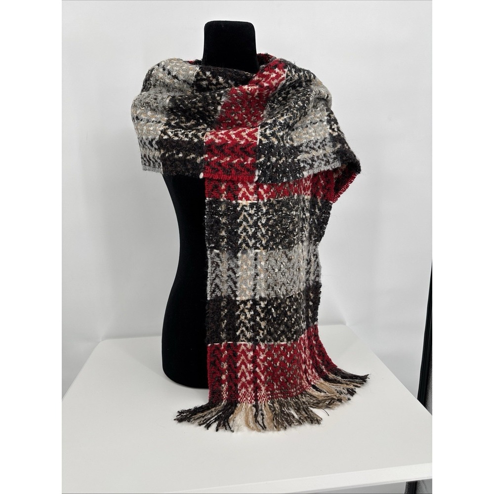 P. Cornillon, Made In France, Knit Wool Blend Scarf, Red Browns Gray With Fringe - Picture 6 of 6